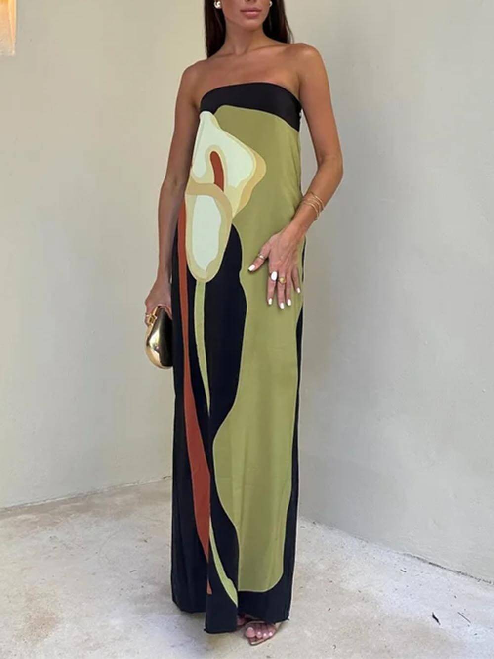 Mouwloze off-shoulder maxi-jurk met print