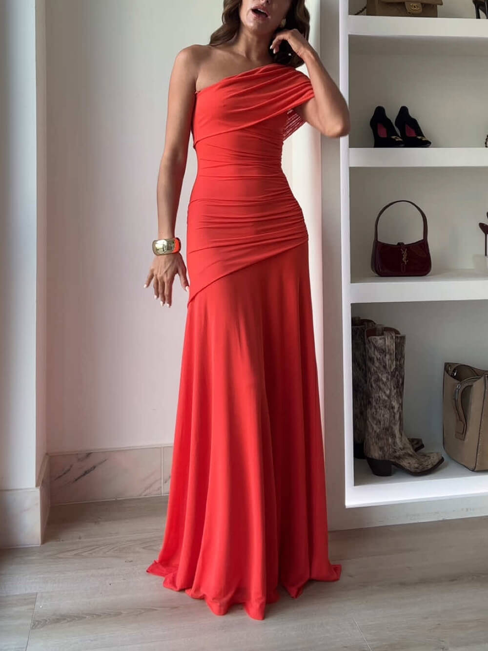 Off-shoulder maxi-jurk van mesh Elegance Effortless