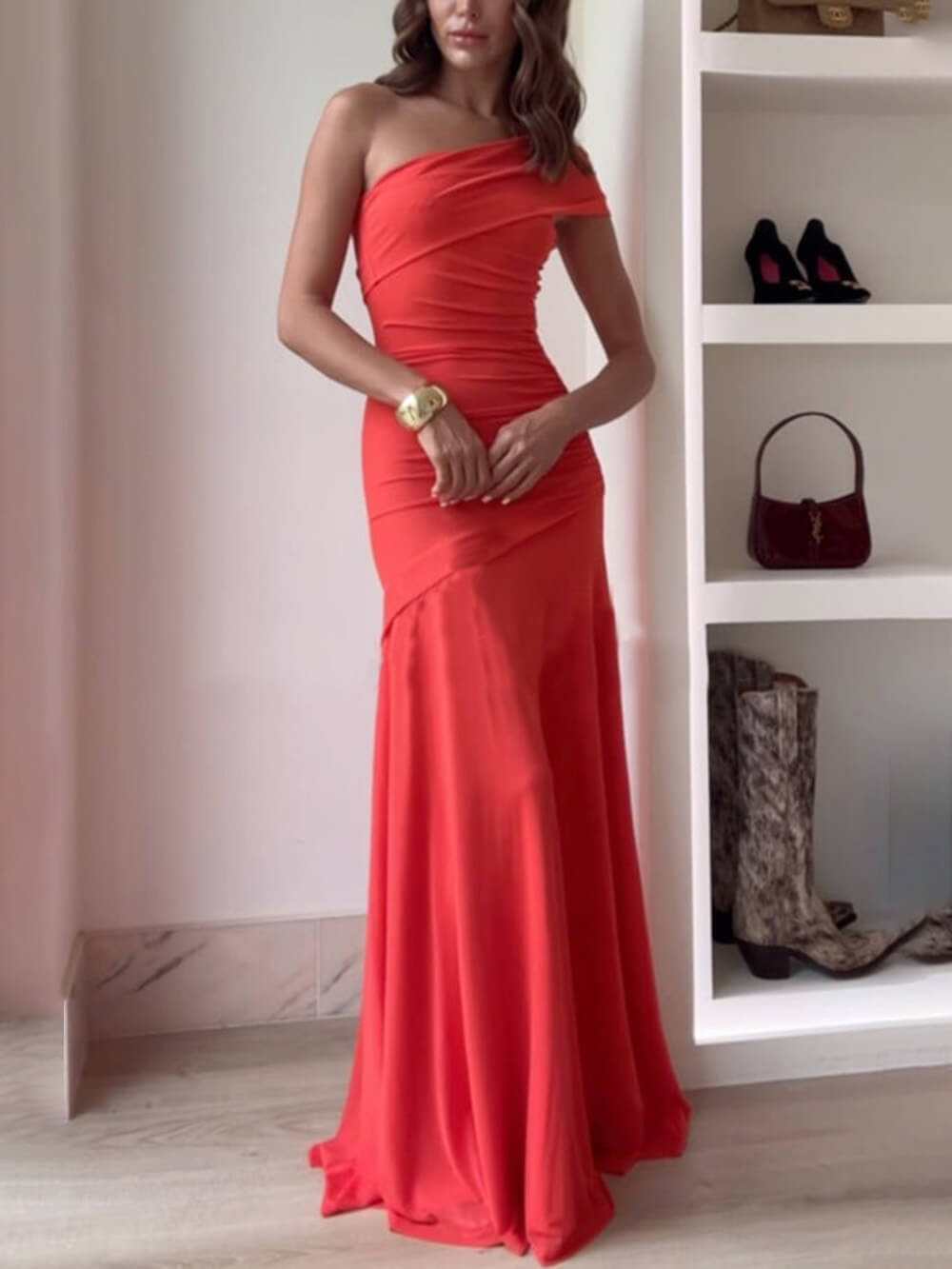 Off-shoulder maxi-jurk van mesh Elegance Effortless