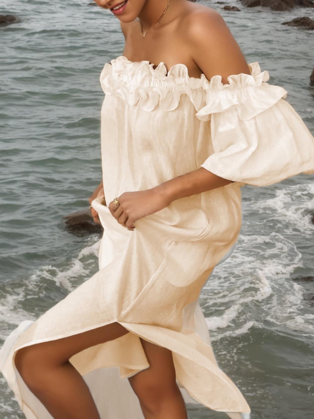 Off-shoulder midi-jurk met pofmouwen Ruffle