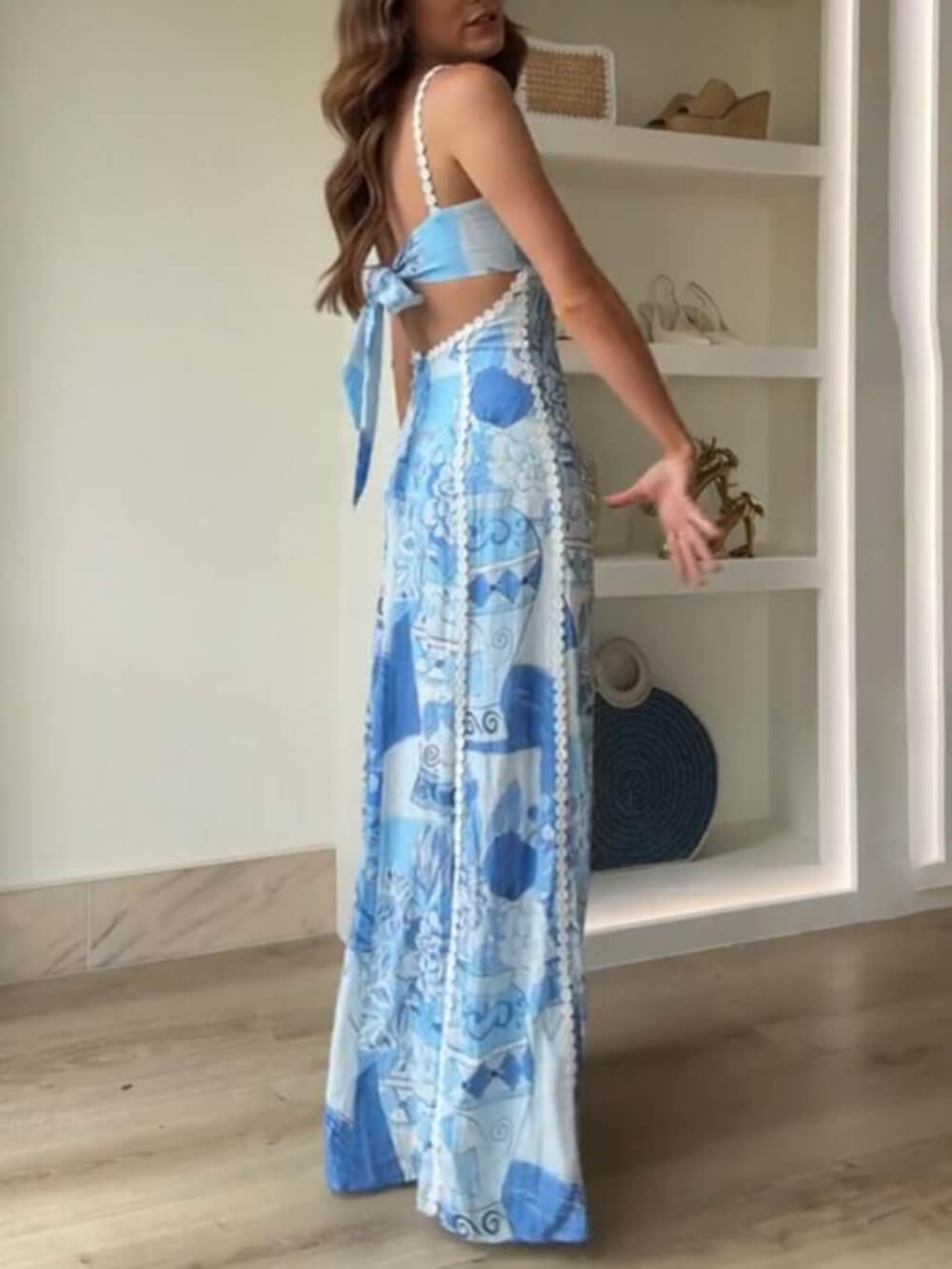Kanten maxi-jurk met print en halterhals