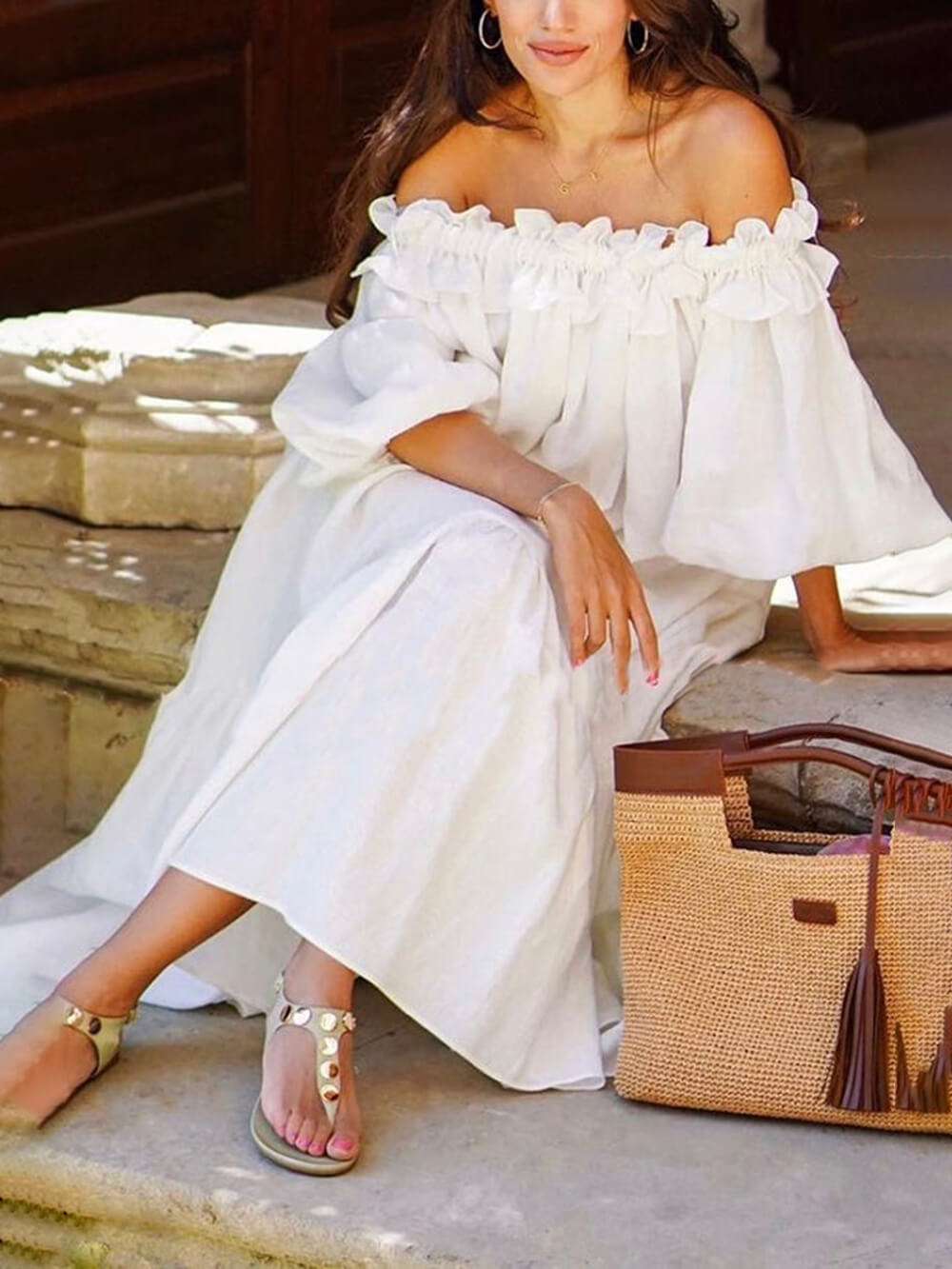 Off-shoulder midi-jurk met pofmouwen Ruffle