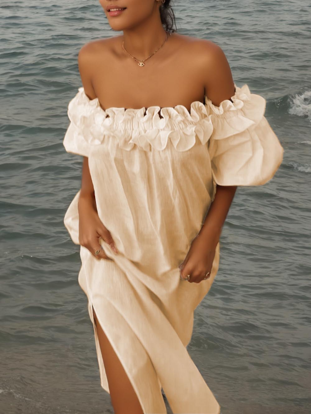 Off-shoulder midi-jurk met pofmouwen Ruffle