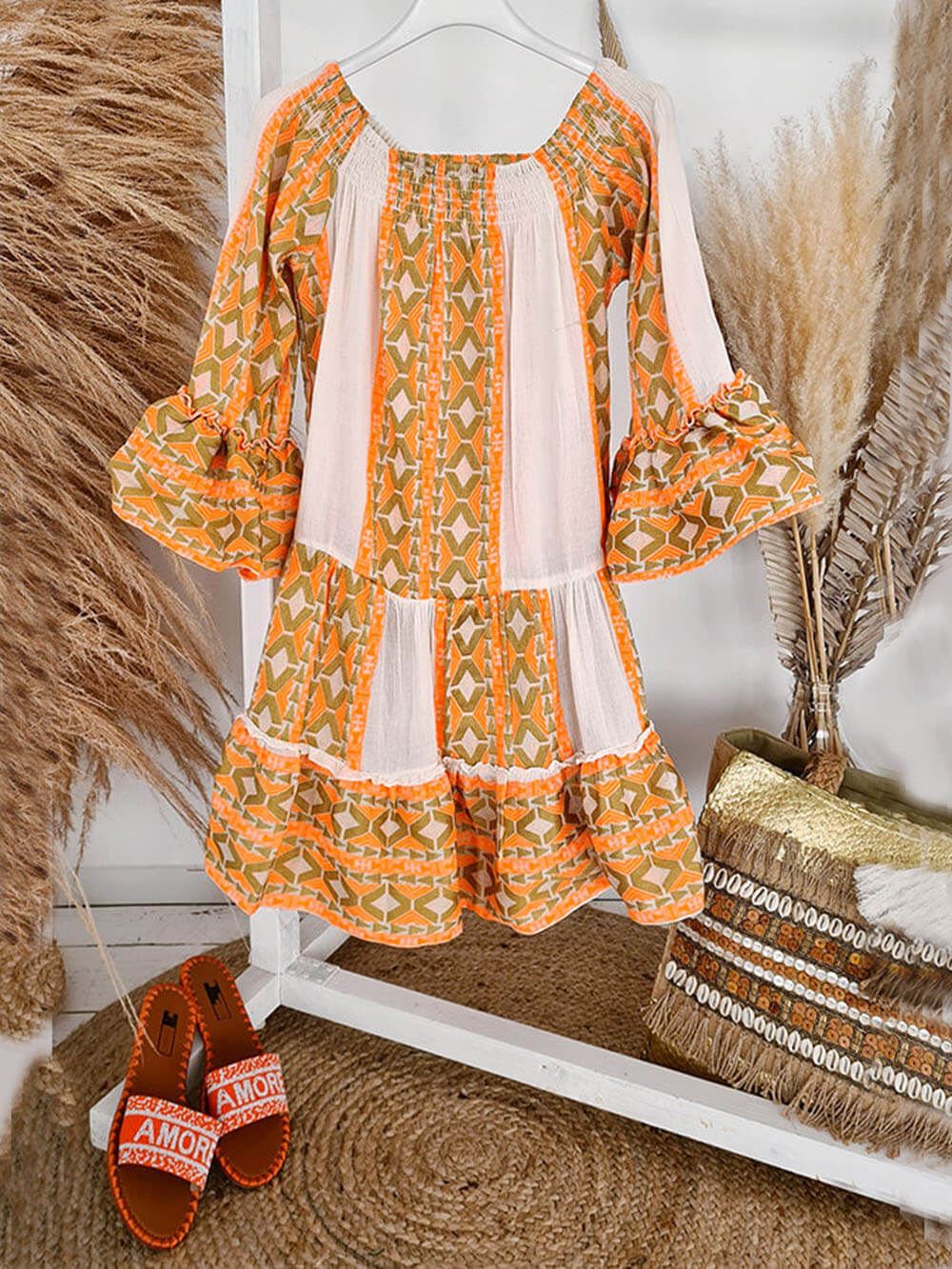 Korte linnen off-shoulder jurk met print Ethnic
