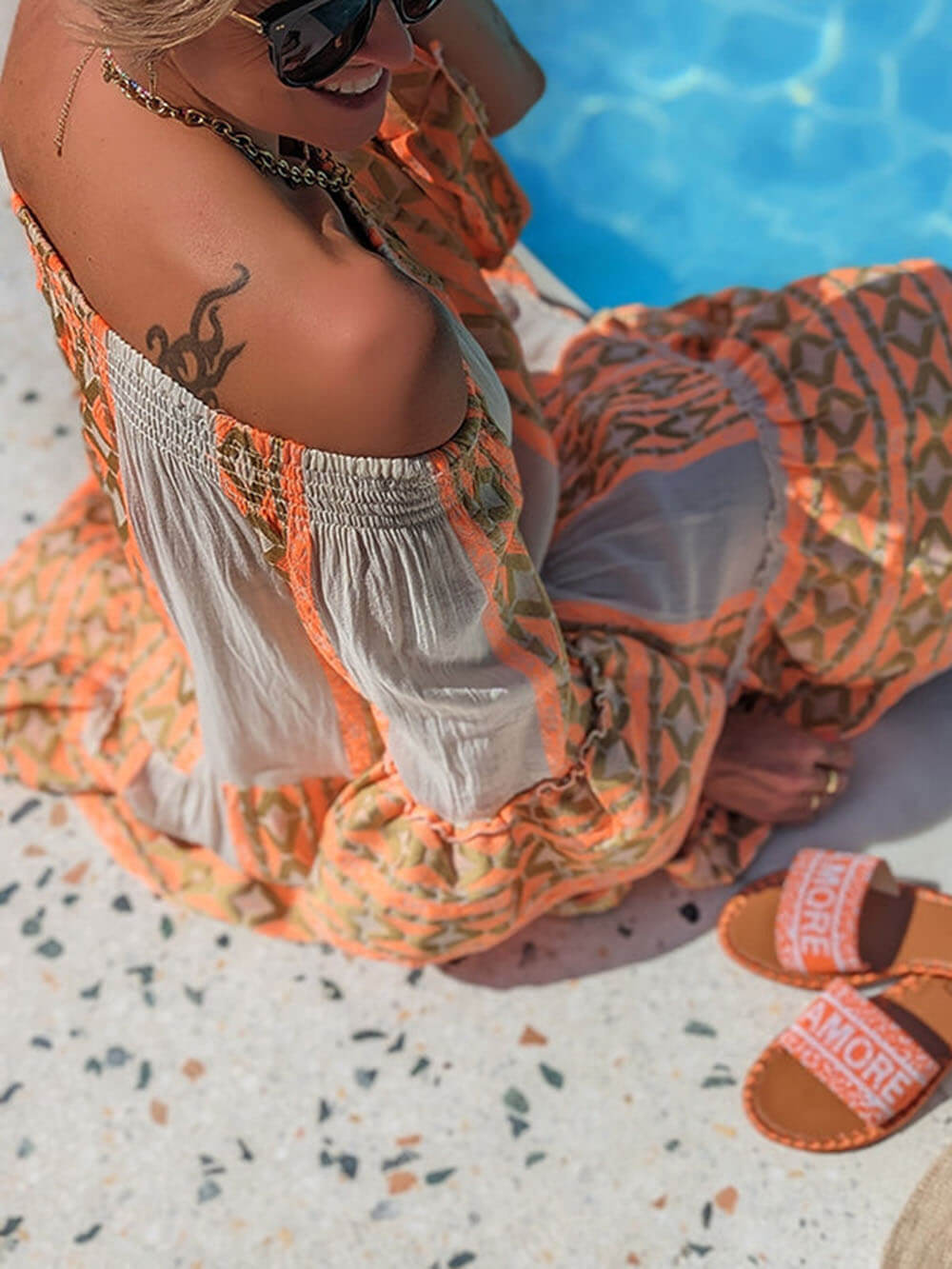 Korte linnen off-shoulder jurk met print Ethnic