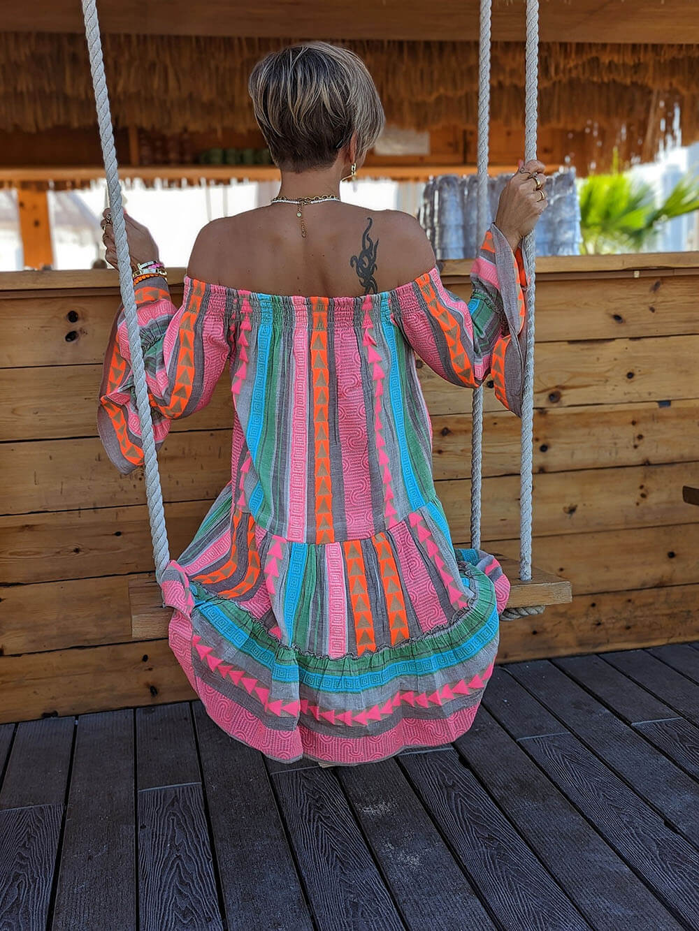 Korte linnen off-shoulder jurk met print Ethnic