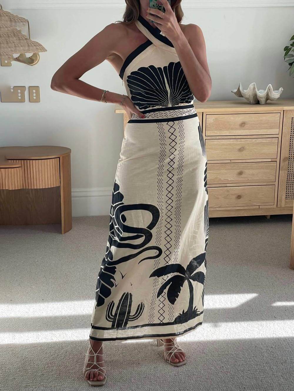 Maxi-jurk met print en halterhals