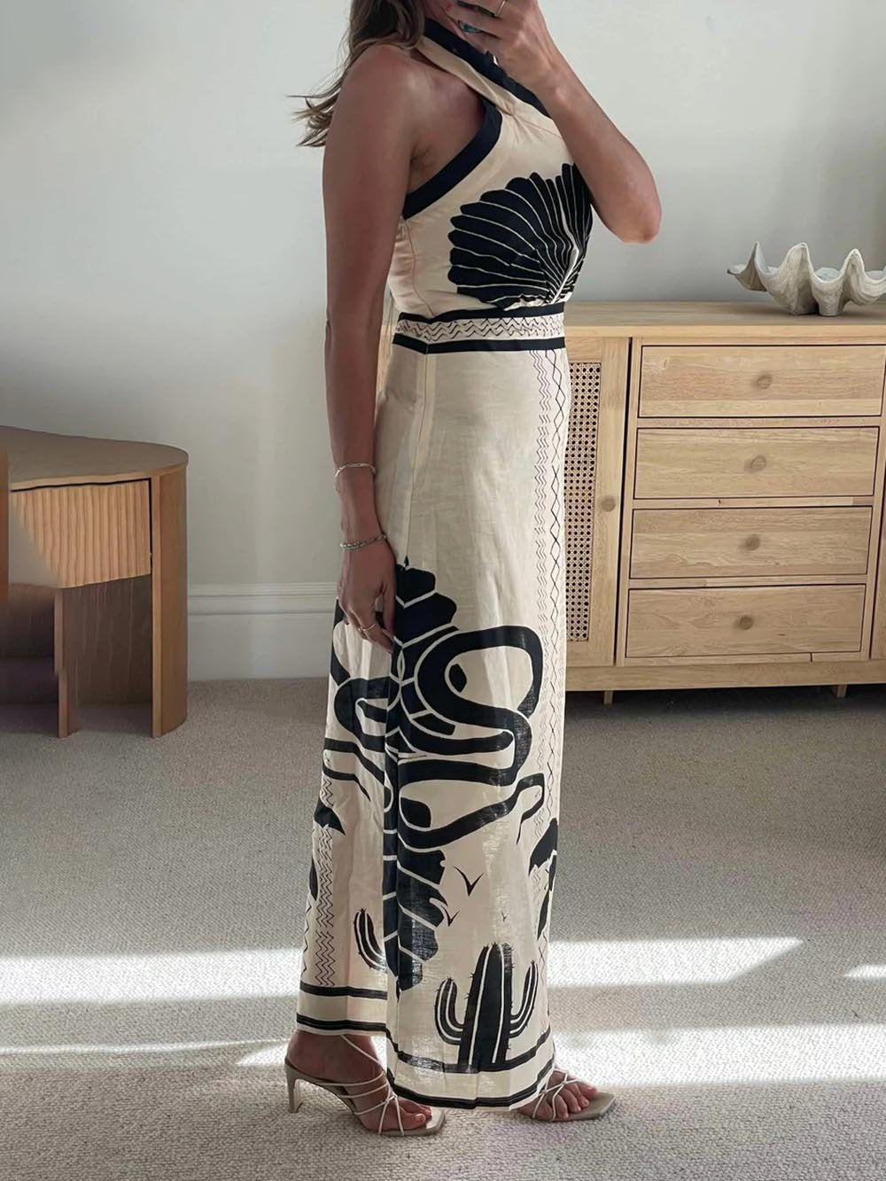 Maxi-jurk met print en halterhals