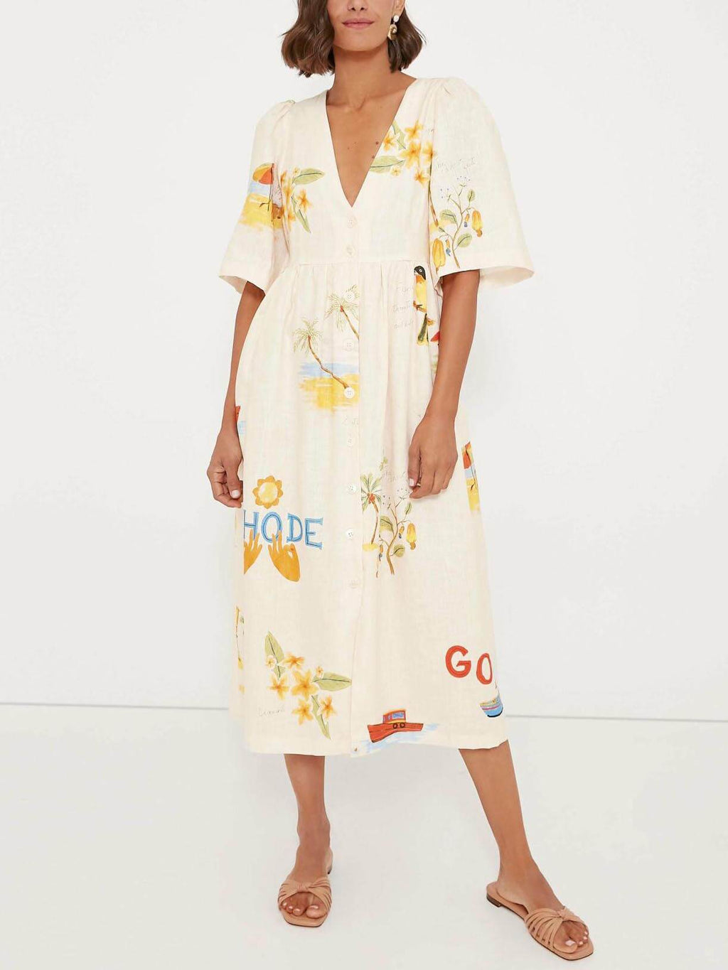 Midi-jurk met bloemenprint en pofmouwen Folk