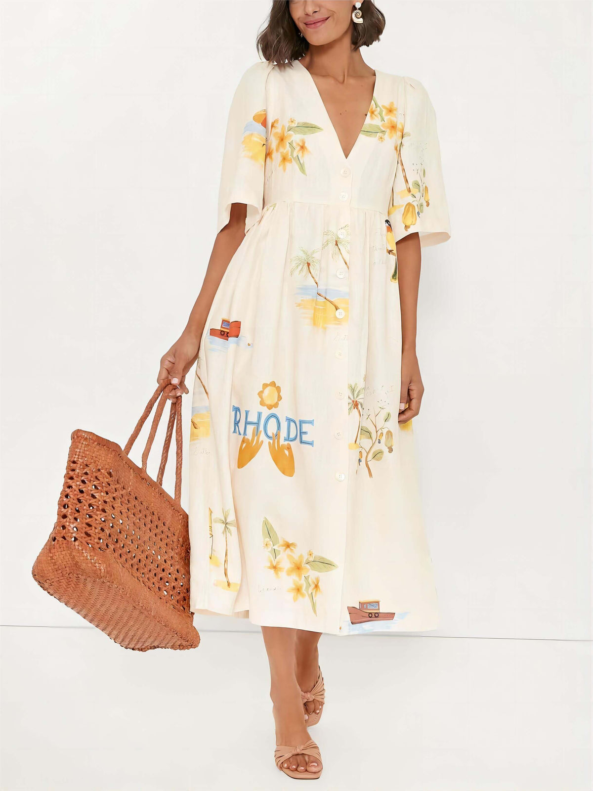 Midi-jurk met bloemenprint en pofmouwen Folk